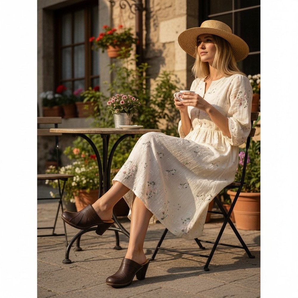 Womens Sofft Balance Brown Leather Slip-On Clogs with Tan Interior